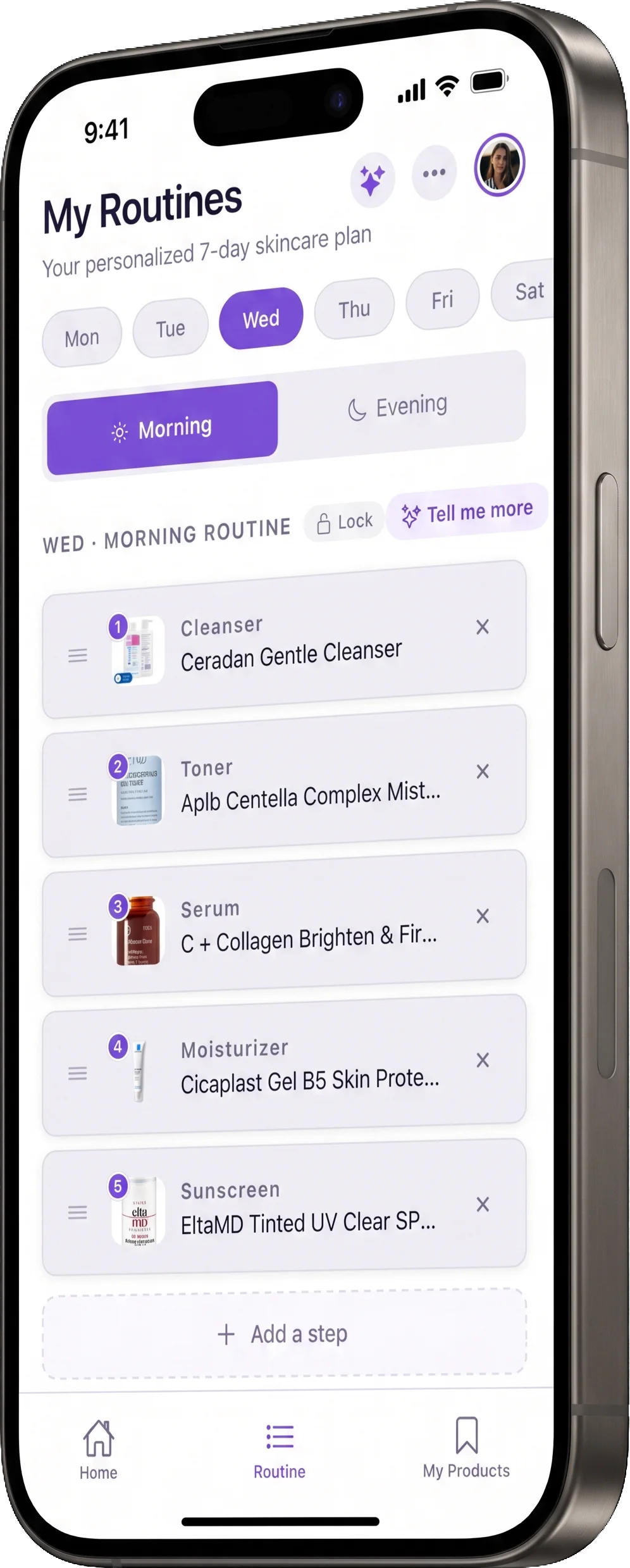 HadaBuddy 7-day routine screen on iPhone