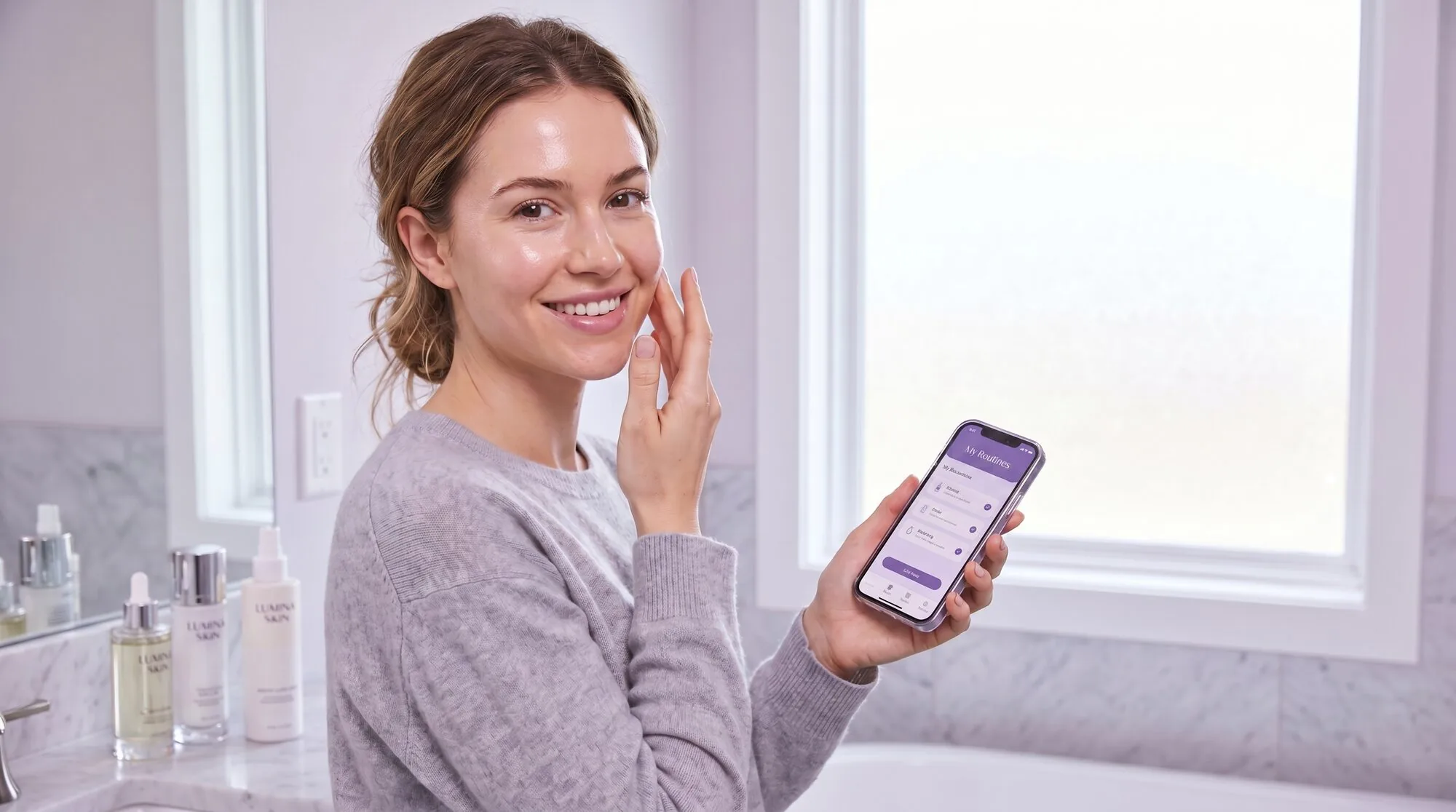 Woman holding phone with skincare app in a modern bathroom